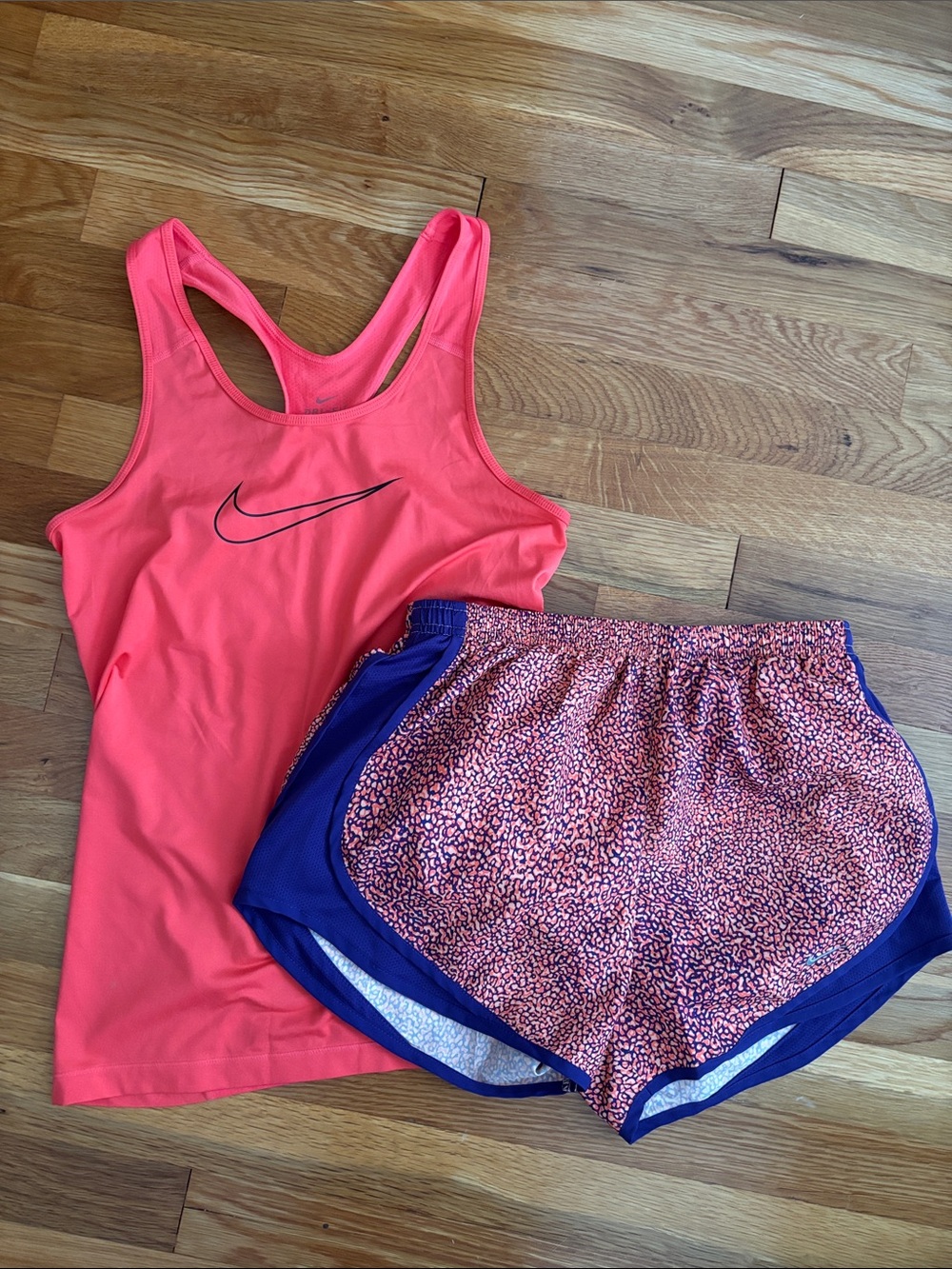 Nike Coral Pink Racerback Tank with Coral & Deep Blue Patterned Shorts